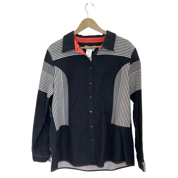 Vintage 90s A La Carte Funky Black and White Striped Button Up Shirt - Picture 1 of 6